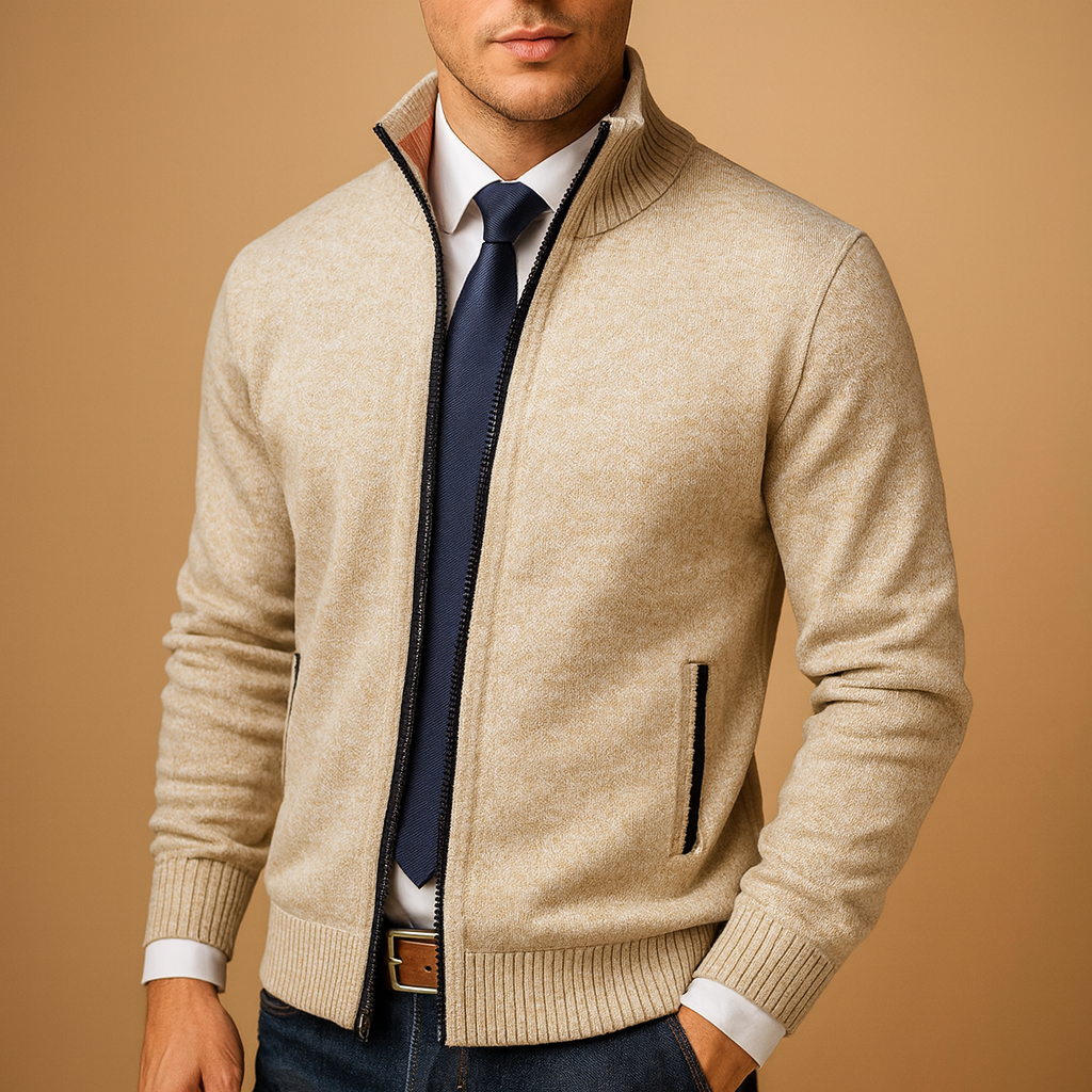Men's Zip-Up High Collar Knit Cardigan - Elena Harper