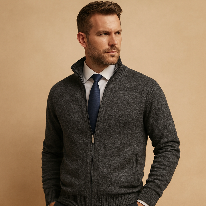 Men's Zip-Up High Collar Knit Cardigan - Elena Harper