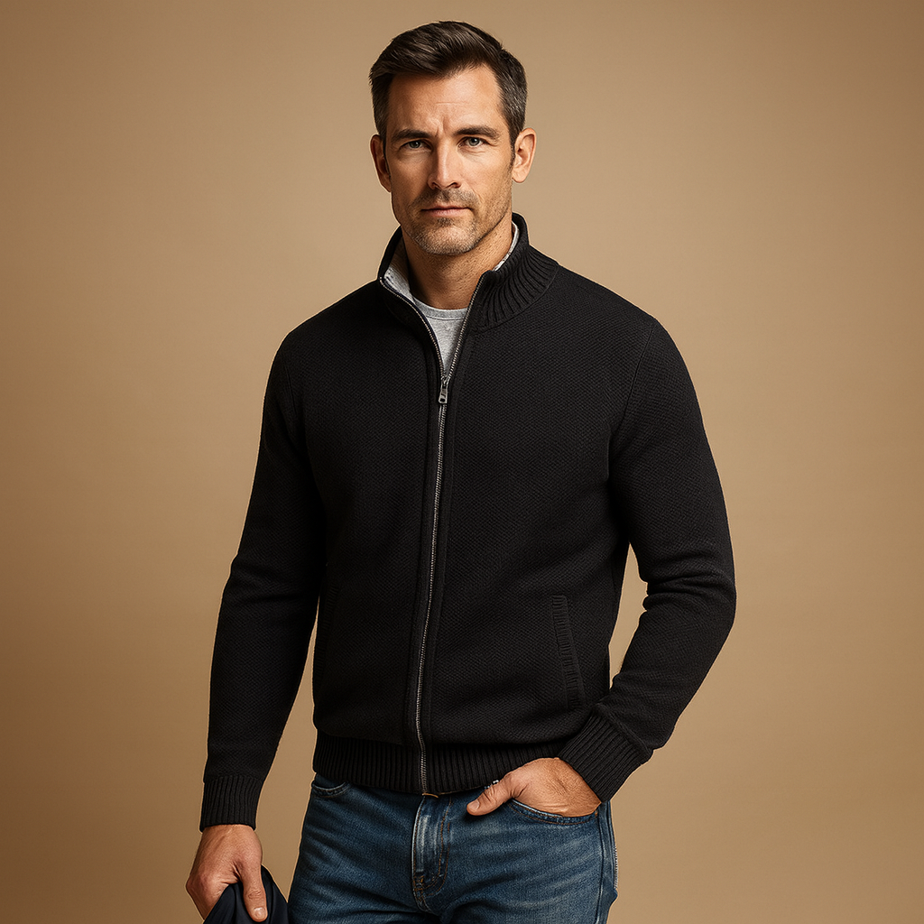 Men's Zip-Up High Collar Knit Cardigan - Elena Harper