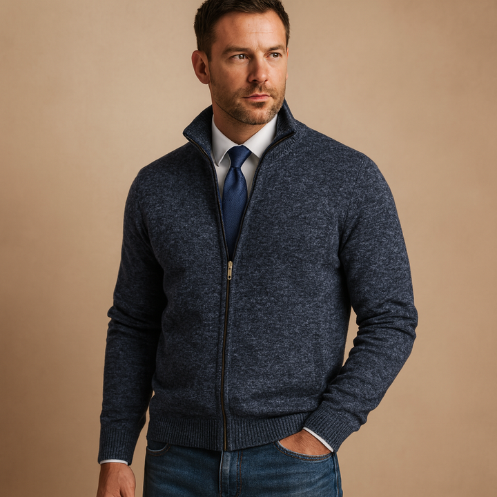 Men's Zip-Up High Collar Knit Cardigan - Elena Harper