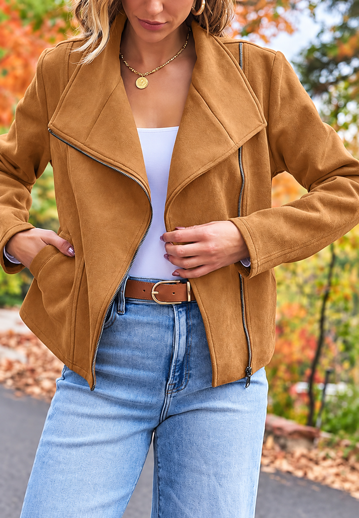 Women's Biker Jacket Faux Suede Diagonal Zipper - Noémie