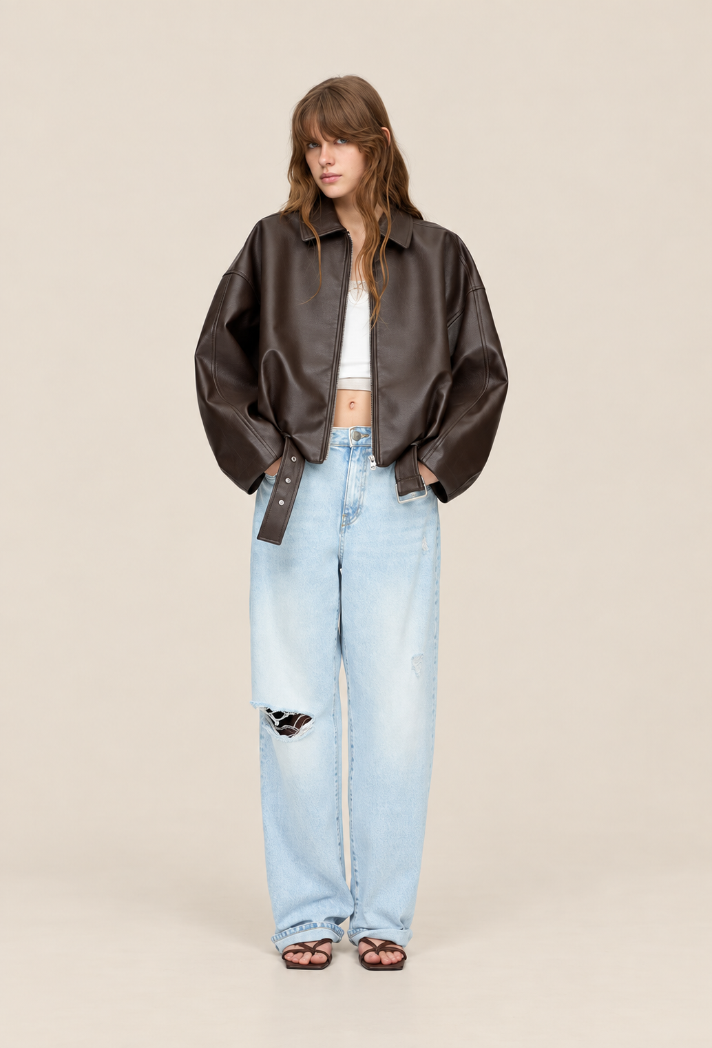 Women's Faux Leather Jacket with Belt Buckle - Ismérie