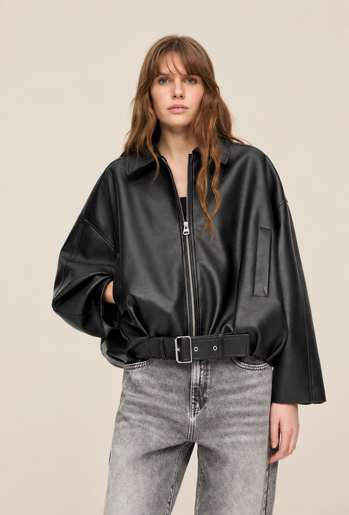 Women's Faux Leather Jacket with Belt Buckle - Ismérie