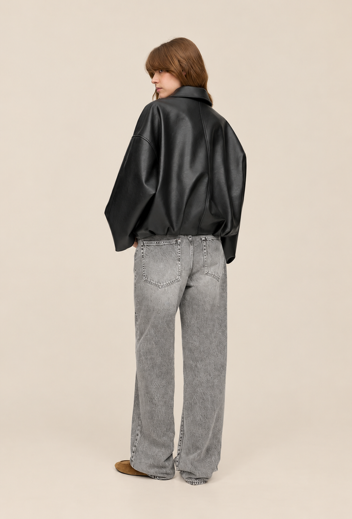 Women's Faux Leather Jacket with Belt Buckle - Ismérie