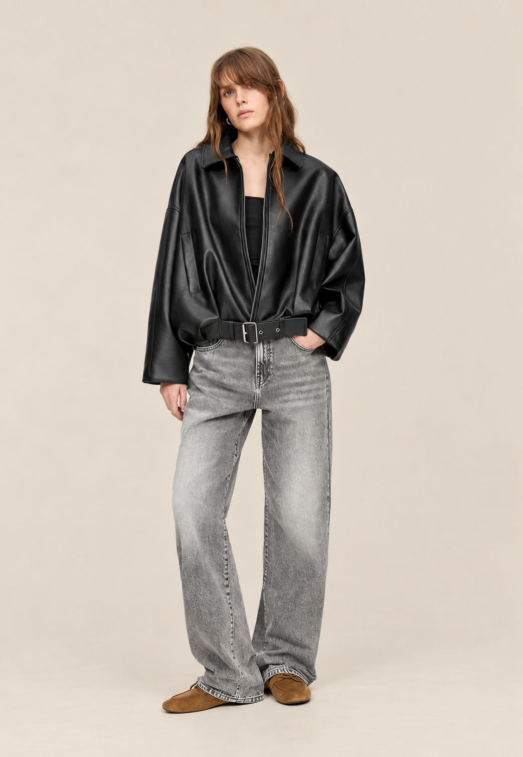 Women's Faux Leather Jacket with Belt Buckle - Ismérie
