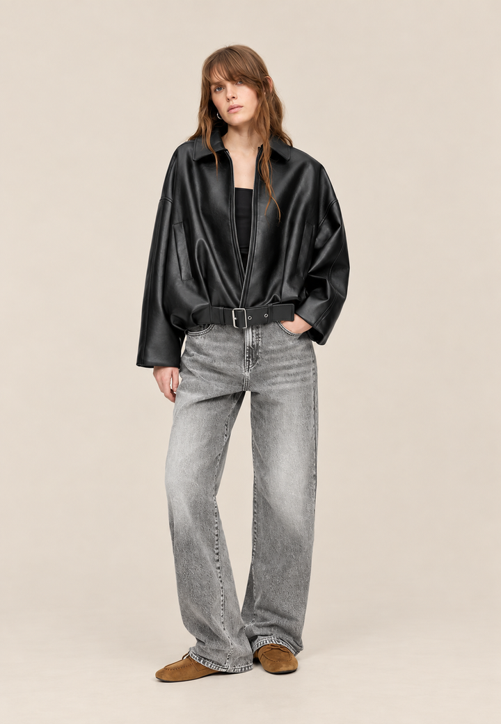 Women's Faux Leather Jacket with Belt Buckle - Ismérie
