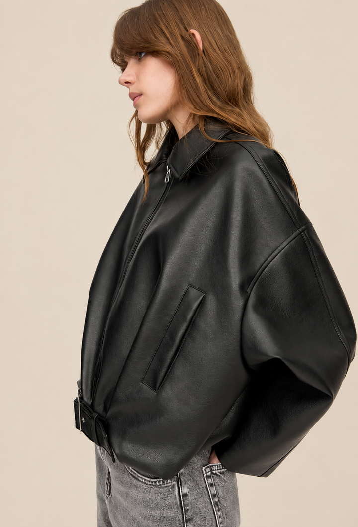Women's Faux Leather Jacket with Belt Buckle - Ismérie