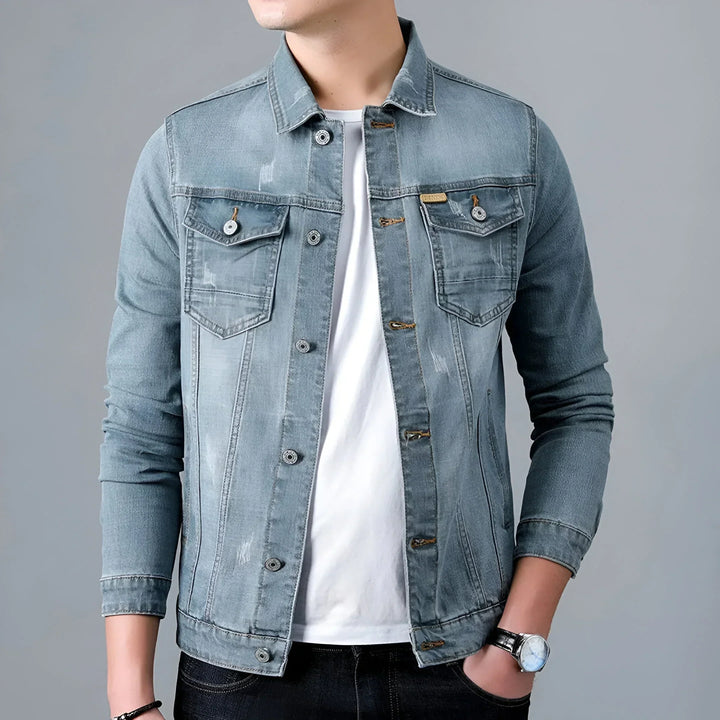 Men's Denim Jacket with Washed Effect and Flap Pockets - Armand