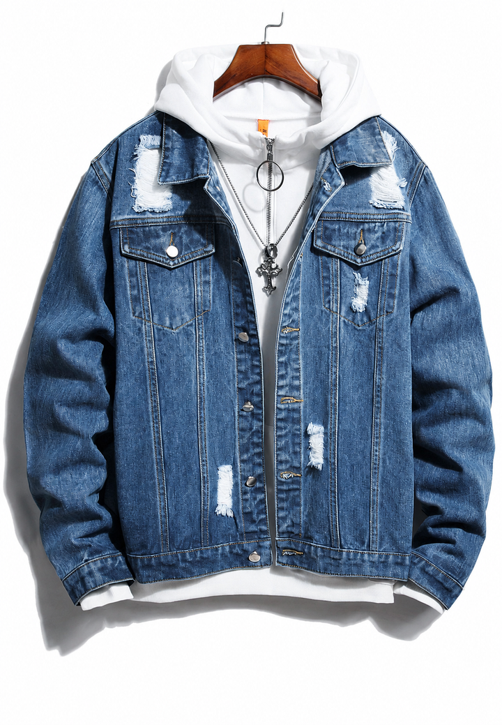 Washed Effect Denim Jacket with Rips - Jannik