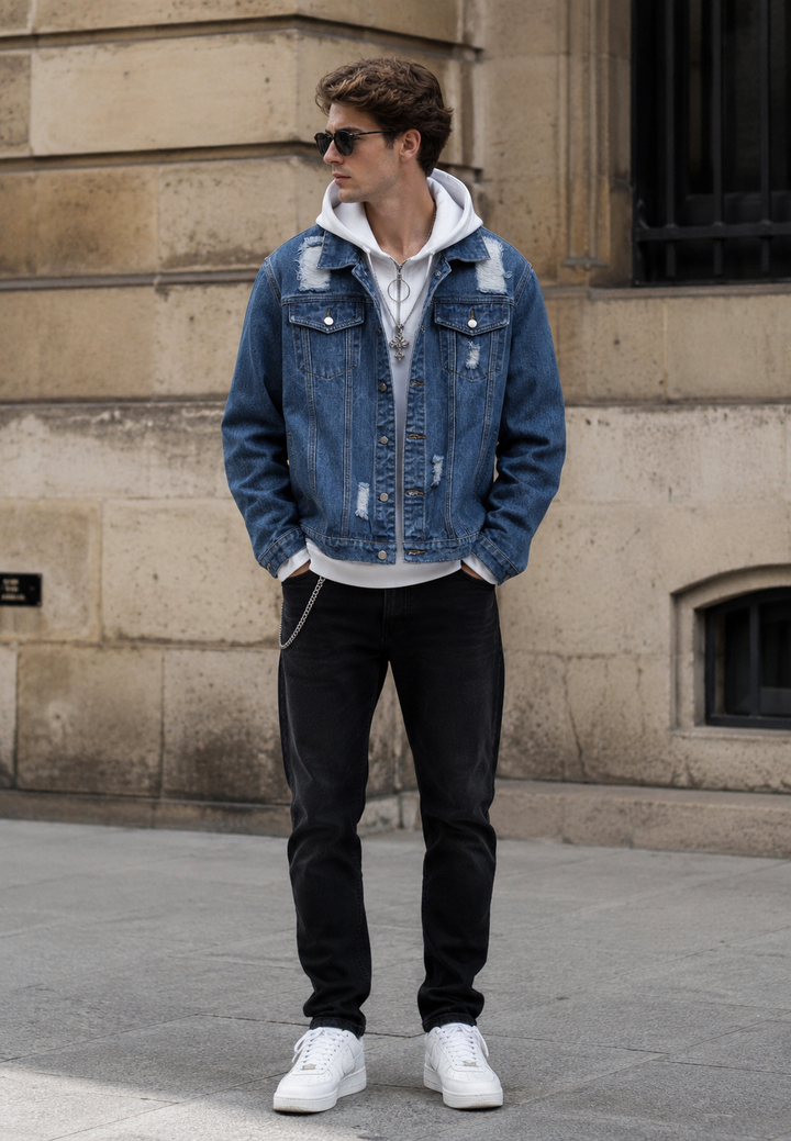 Washed Effect Denim Jacket with Rips - Jannik