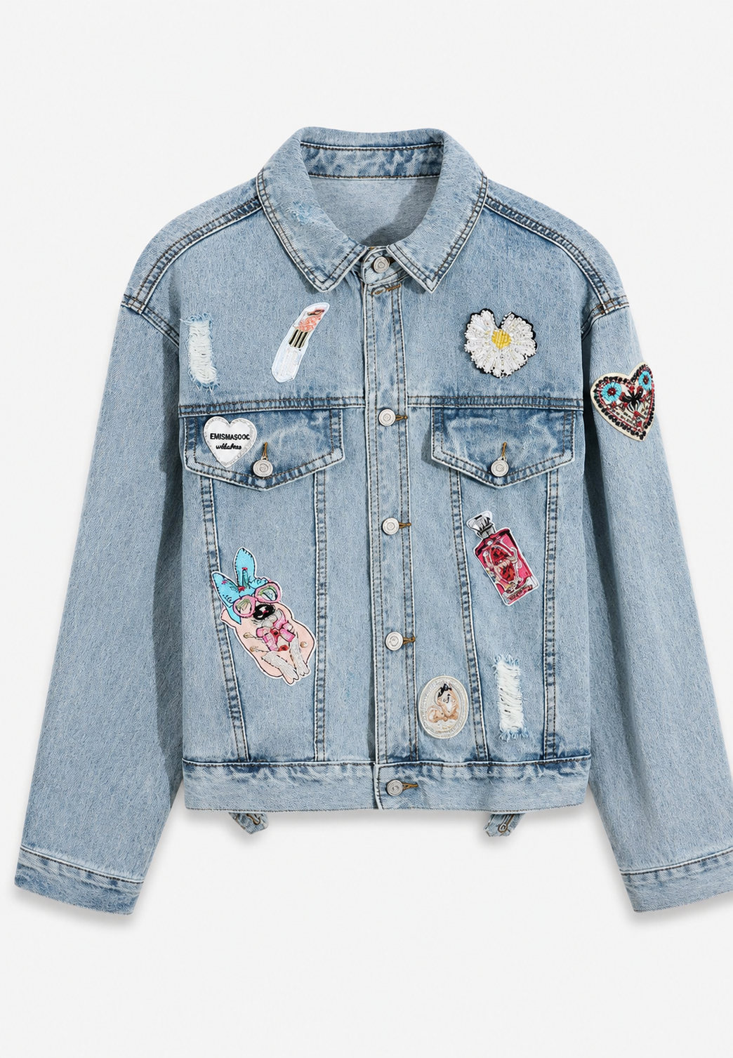 Short Women's Denim Jacket with Washed Effect Patches - Odette