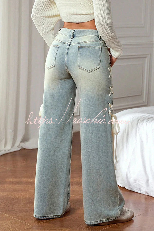 Fashionable Denim Mid Rise Side Ribbon Lace-up Pocket Wide Leg Jeans, view 6 - Elena Harper