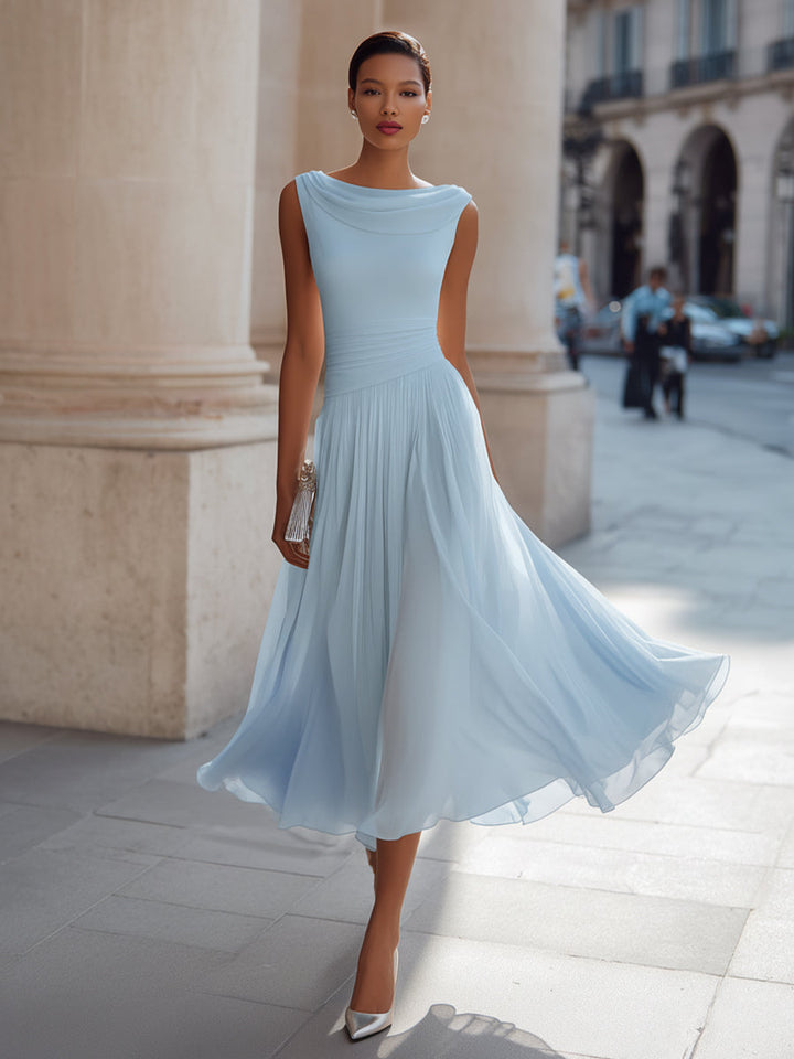 Draped Neck Sleeveless Pleated Midi Dress - Elena Harper