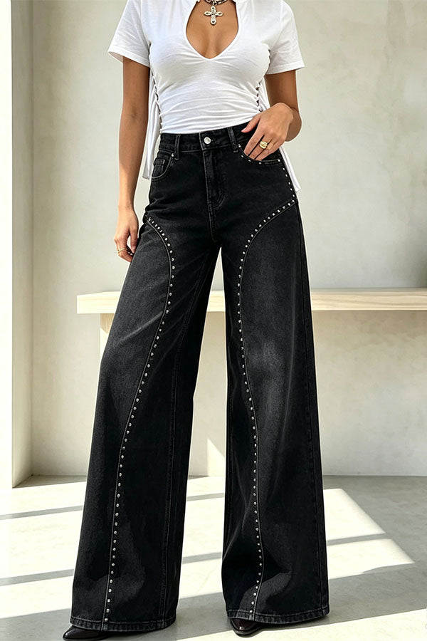 Trendy and Unique Denim Beaded High Rise Pocket Straight Leg Jeans