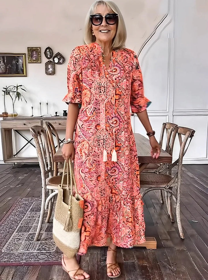 Carolette Boho Drawstring Neck Maxi Dress - Elena Harper