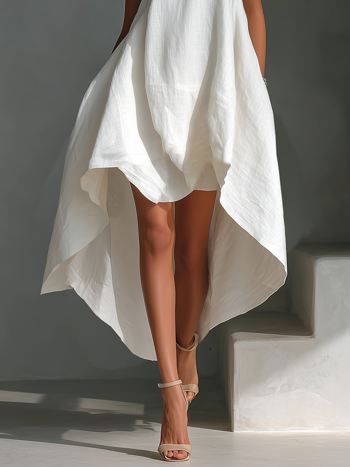 White Linen Sleeveless Midi Dress for Women with Round Neck and Asymmetrical Hem, view 7 - Elena Harper