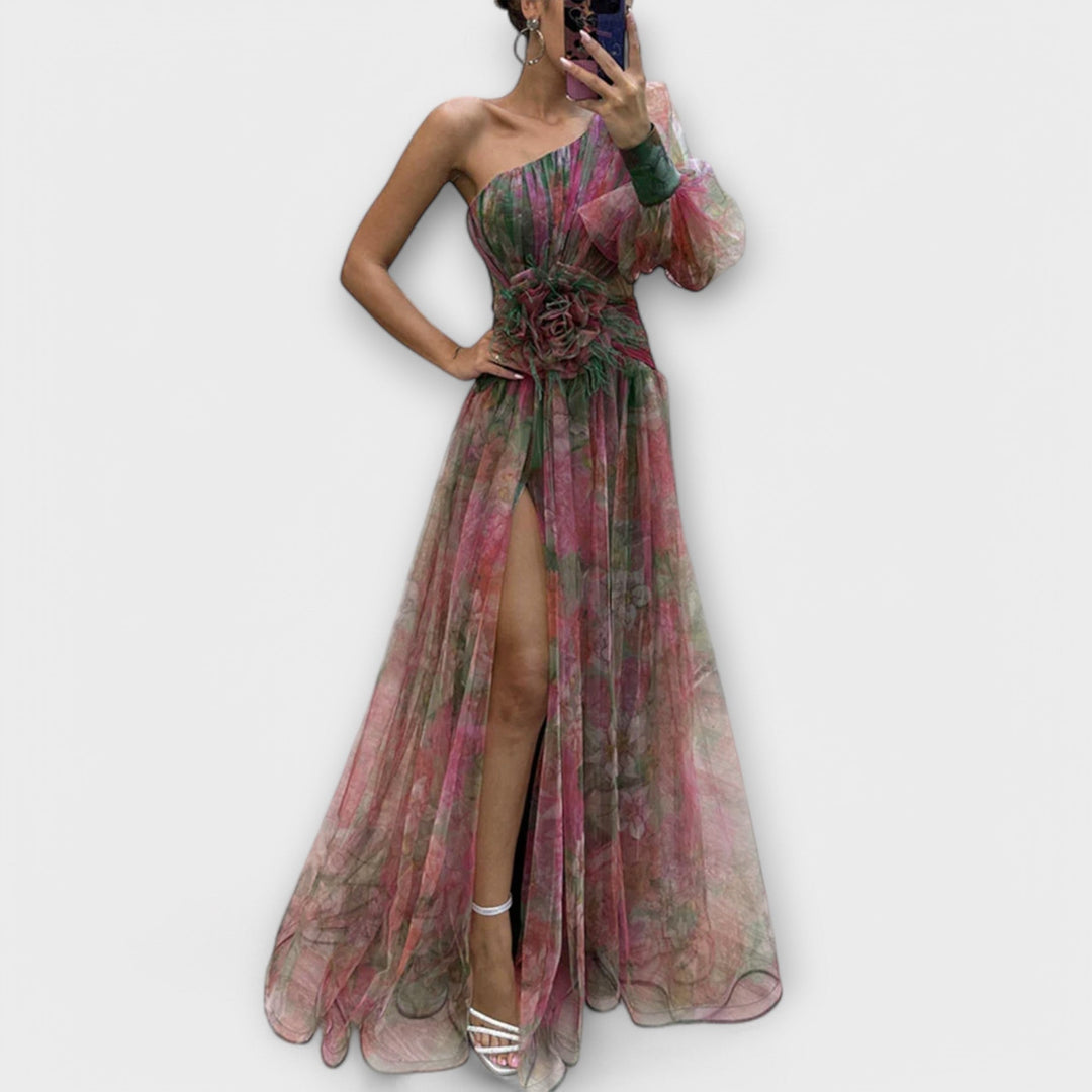 Elegant One-Shoulder Evening Dress with Slimming Waist