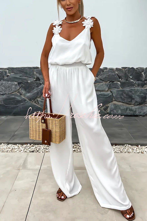 Solid Color Embroidered Flower Suspenders Casual Loose Jumpsuit, view 3 - Elena Harper