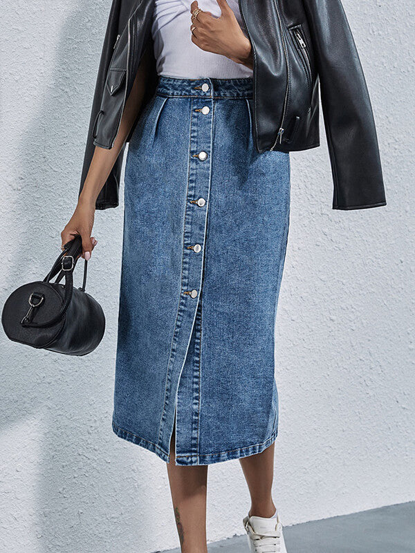 Kiara Long denim skirt with buttons, view 2 - Elena Harper