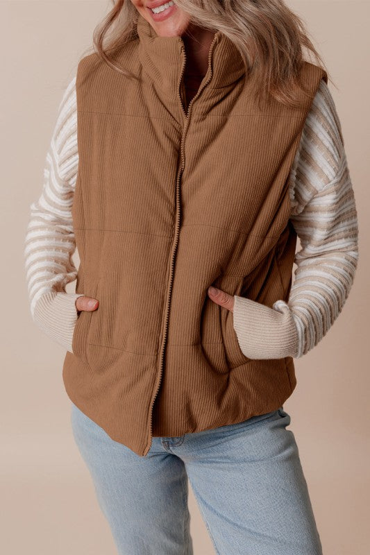 Padded Corduroy Vest with High Collar for Women - Norayne