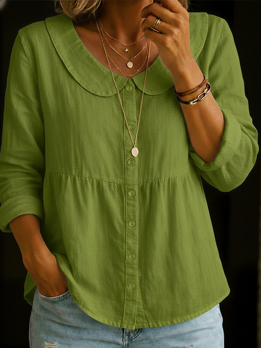 Linen Blouse with Button Closure and Notched Collar for Women