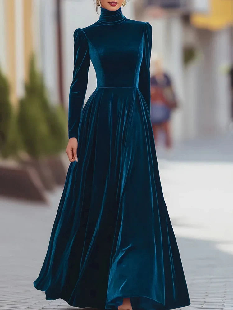 Burgundy Velvet Evening Dress with Long Sleeves - Elena Harper