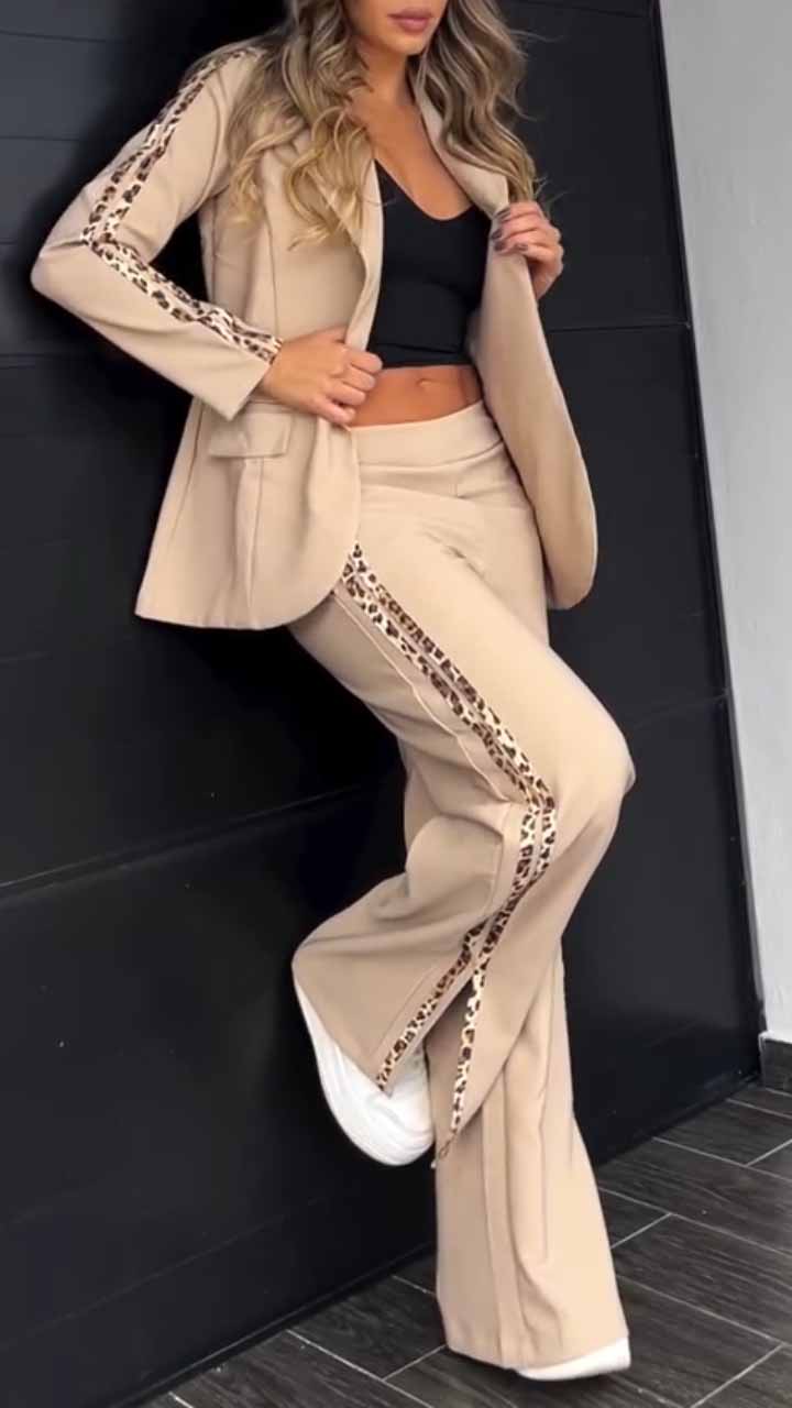 Blazer and Wide Pants Set with Leopard Trim, view 3 - Elena Harper