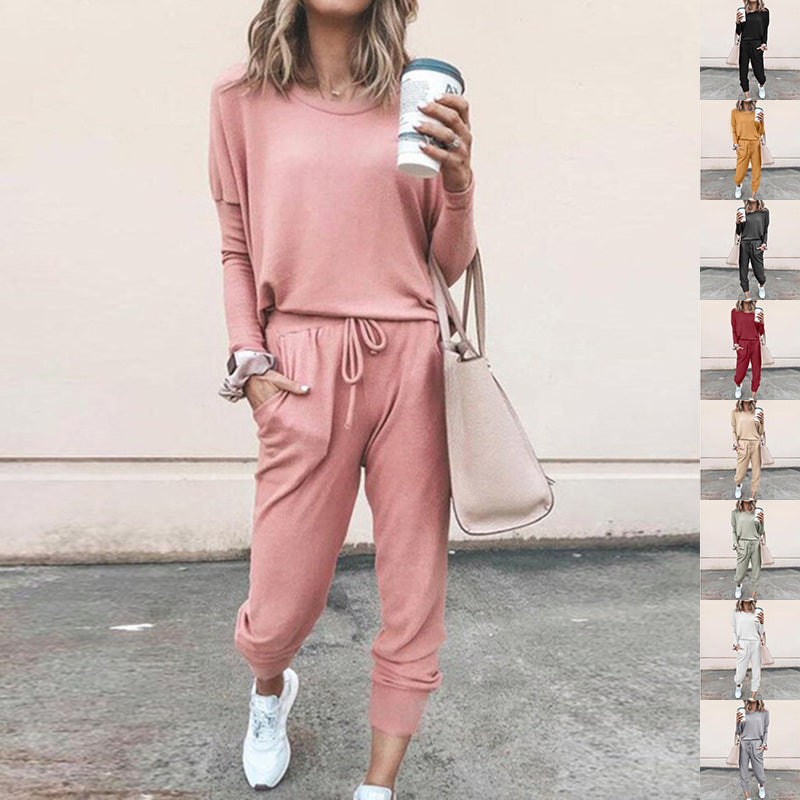 Casual Two-Piece Set for Women with Long Sleeves – Pullover Top and Drawstring Pants