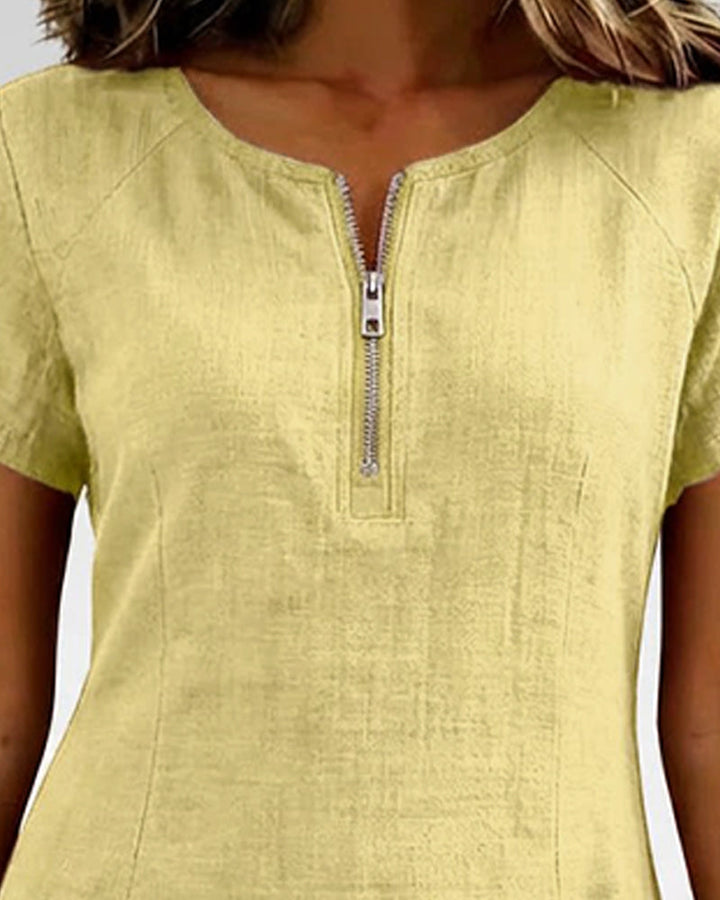 Short Linen and Cotton Dress with Zipper Closure Elegant A-Line Cut - Elena Harper