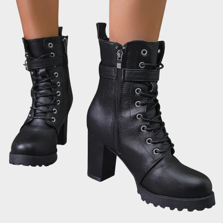 Evelyn | Striking Combat Ankle Boots with Lacing and Block Heel