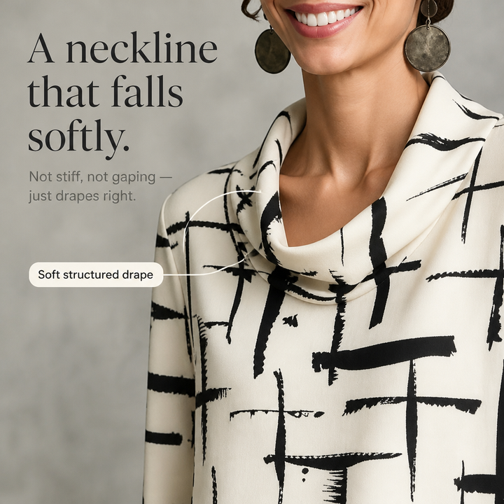 Cowlina Cross-Print Cowl-Neck 3/4-Sleeve Blouse - Elena Harper