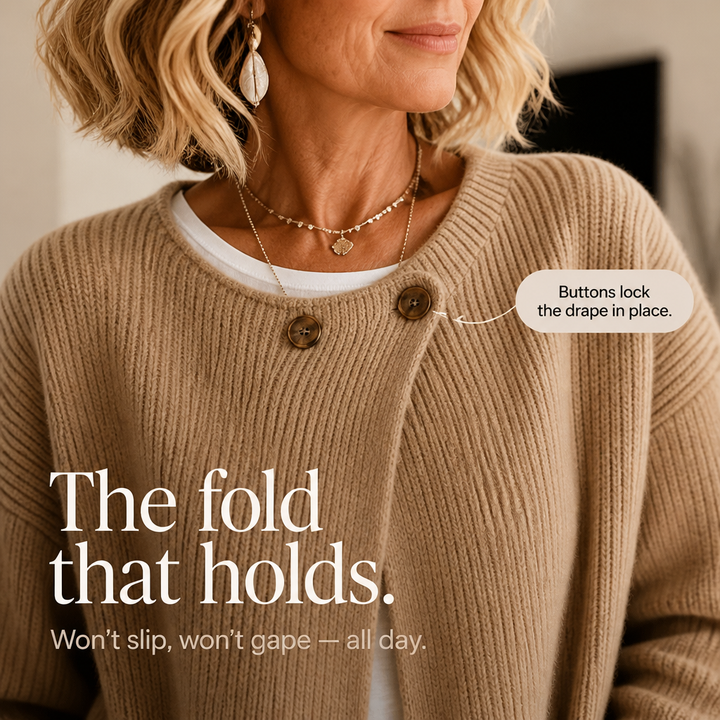 Drape & Rib Asymmetrical Neck Ribbed Button Cardigan - Elena Harper