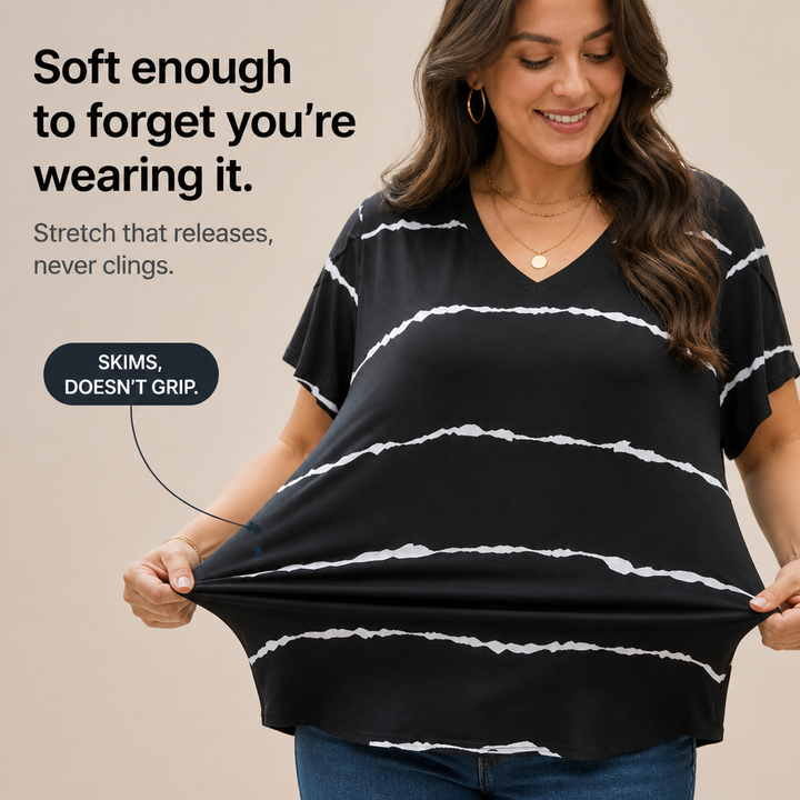 Curvella Striped V-Neck Stretch Knit Tee - Elena Harper