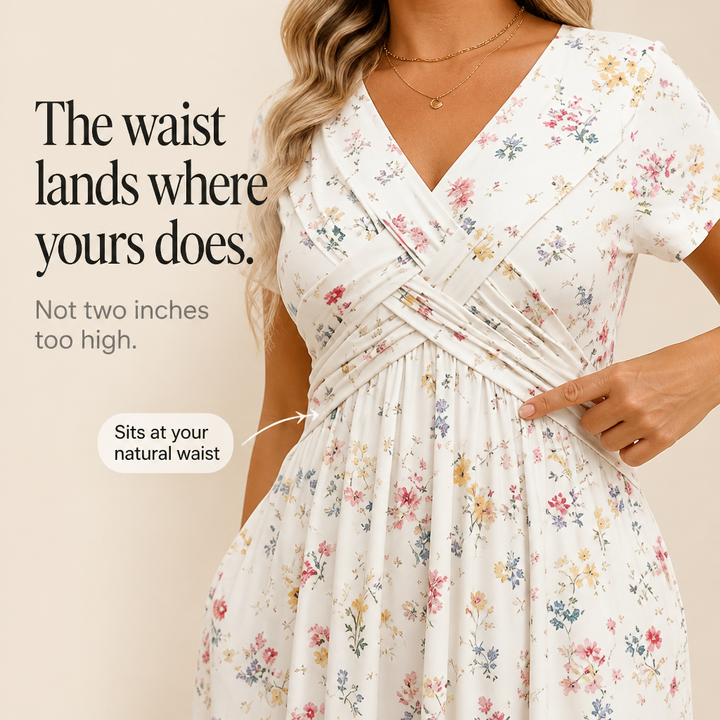 Curvella Twist-Waist Floral V-Neck Midi Dress - Elena Harper