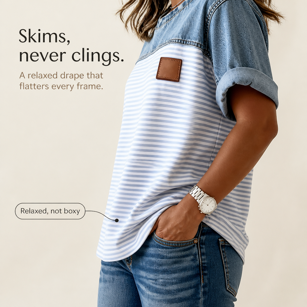 Denimelle Denim-Look Yoke Ribbed Color-Block Top - Elena Harper