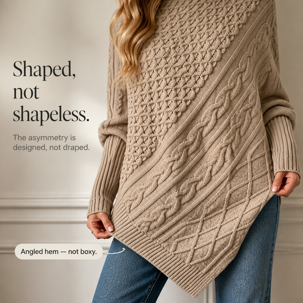 Cablelle Asymmetric Cable-Knit Turtleneck Poncho - Elena Harper