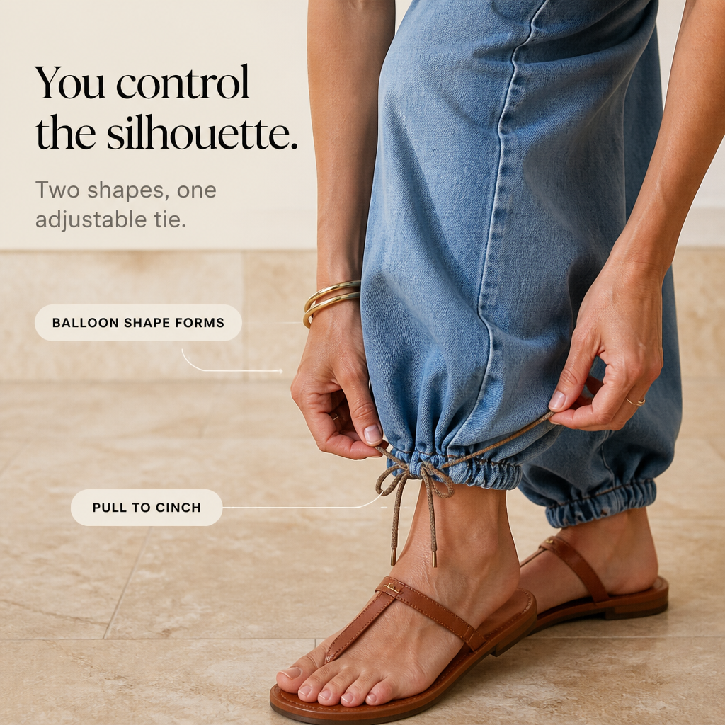 Balloon & Cinch Drawstring Cuff Wide-Leg Balloon Jeans - Elena Harper