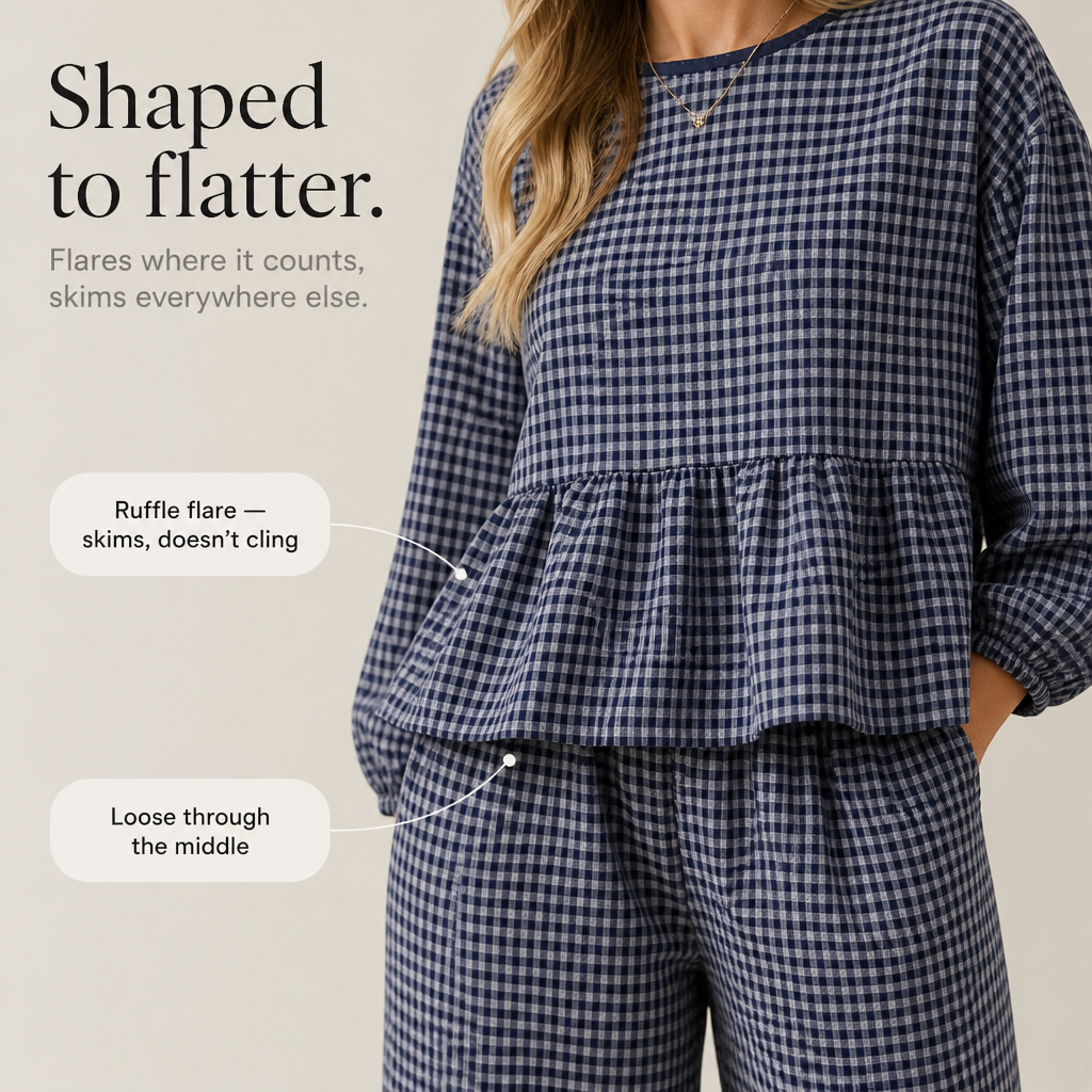 Elara Gingham Peplum Top And Wide-Leg Pants Set - Elena Harper