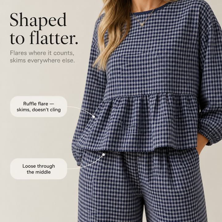 Elara Gingham Peplum Top And Wide-Leg Pants Set - Elena Harper