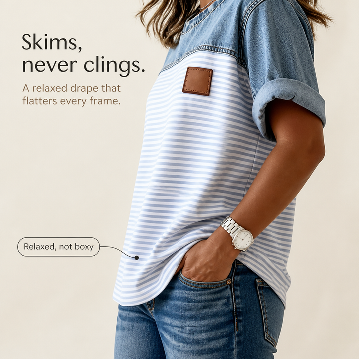 Denimelle Denim-Look Yoke Ribbed Color-Block Top - Elena Harper