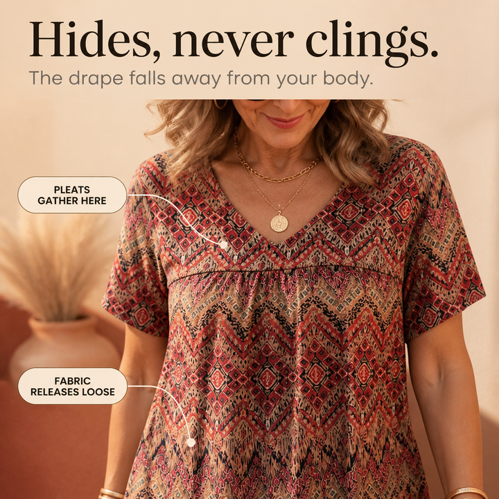 Draveil – Pleated V-Neck Printed Short-Sleeve Top