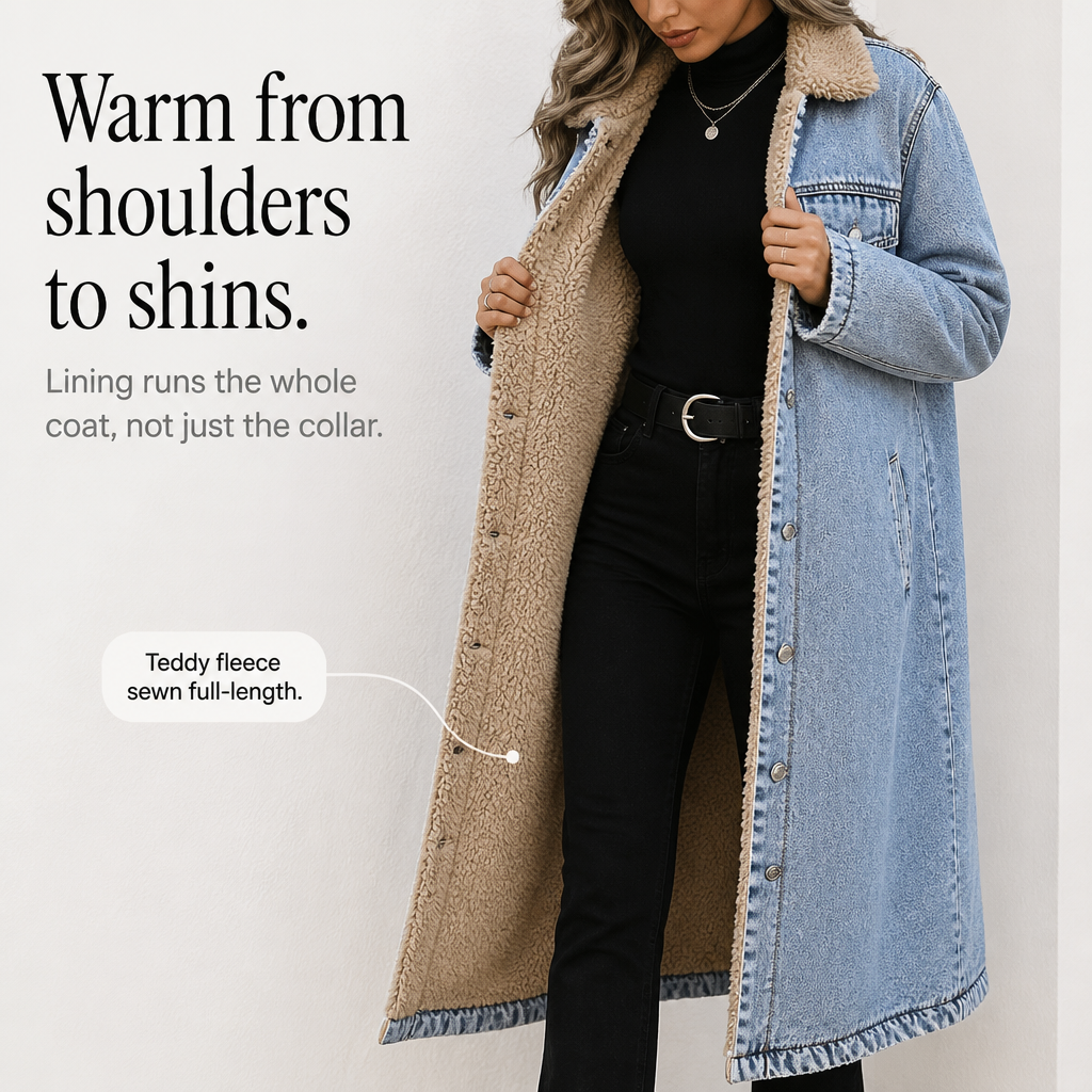 Denora Sherpa-Lined Full-Length Denim Coat - Elena Harper