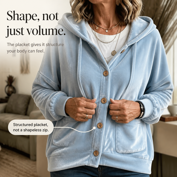 Coziva Hooded Button-Front Velour Cardigan - Elena Harper