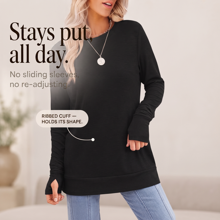 Cozelle Thumbhole Cuff Side-Split Knit Top - Elena Harper