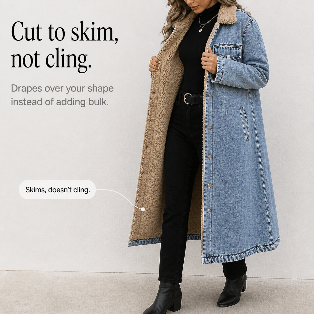 Denora Sherpa-Lined Full-Length Denim Coat - Elena Harper