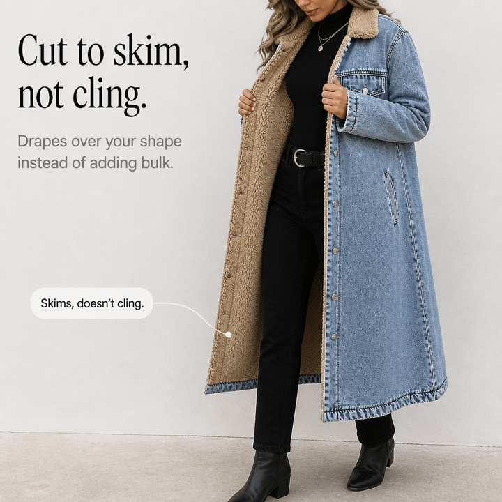 Denora Sherpa-Lined Full-Length Denim Coat - Elena Harper