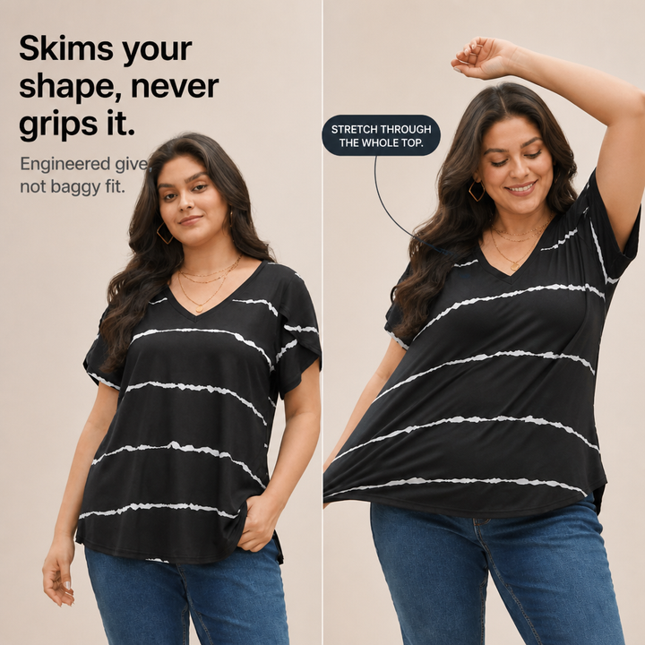 Curvella Striped V-Neck Stretch Knit Tee - Elena Harper