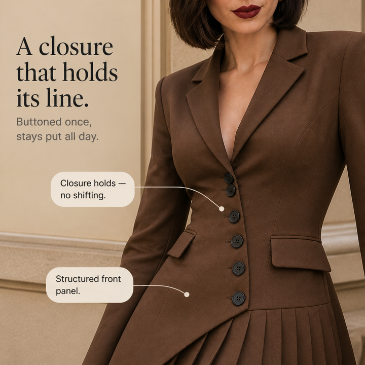Blazelle Diagonal Button Asymmetric Pleated Blazer Mini Dress - Elena Harper