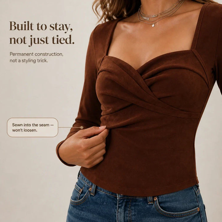 Amora Twisted-Front Sweetheart-Neck Long-Sleeve Top - Elena Harper