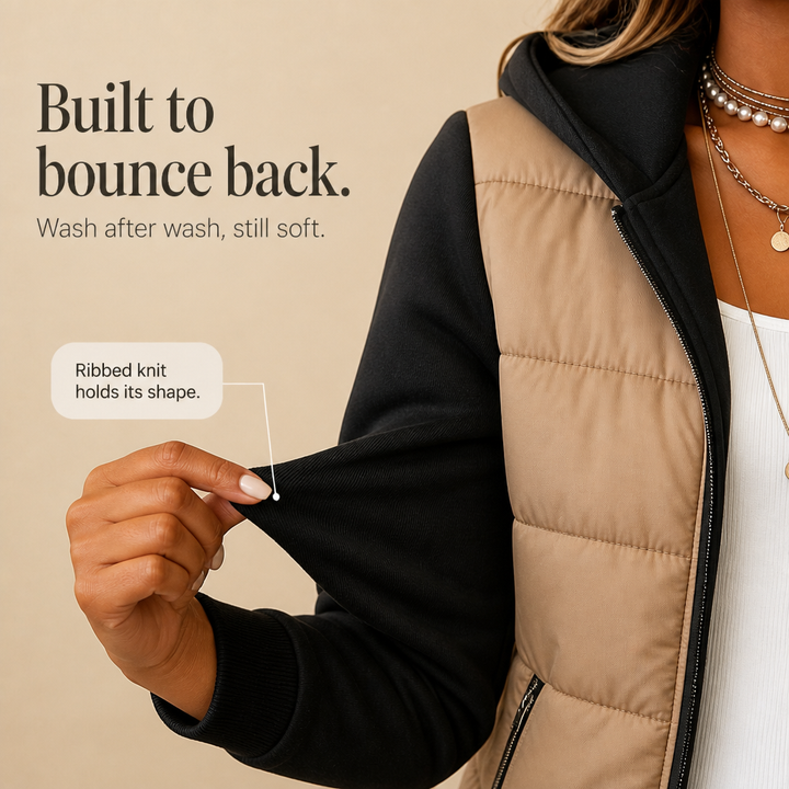 Coeza Mixed-Media Quilted Puffer Knit-Sleeve Jacket - Elena Harper